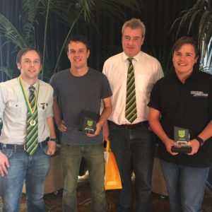 B Men Gold award winners from left, Steve Gallasch (best and fairest), leigh Angel (most consistent), Phil Armstrong (coach), Tristan Barratt (coach’s trophy)