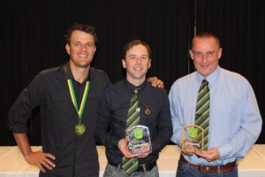 B Men Gold - Leigh Angel (MVP), Steve Gallasch (Best Team Player) and Andrew Pomeroy (Best New Player). Absent Brian Ivkovic (Coach)